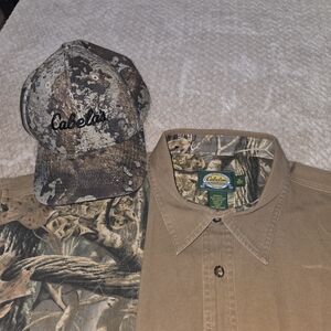 VTG Cabela’s Camo Shirt XL & Hat Set Hunting Outdoor Cotton Tan Mens Combo
